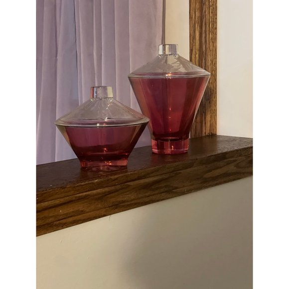 Rare 2 Hazel Atlas Glass Moroccan Ruby red Swirl Candy Dish w/Lid Mid Century - Picture 1 of 8